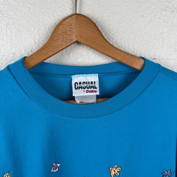 Vintage Flower Shirt Sz XL Blue Single Stitch Crewneck Floral Leaves Casual 90s - Picture 2 of 9